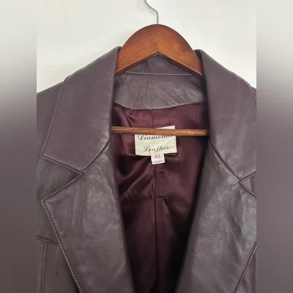 Vintage Diamond Leather Oversized Blazer – Burgundy Oxblood – 90s Slouchy Fit